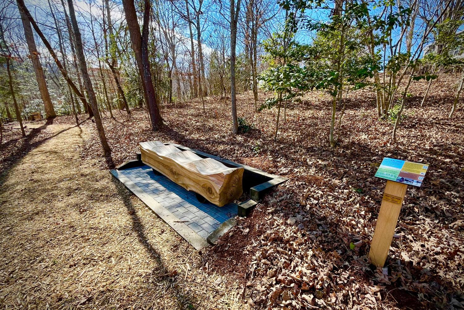 A hand-carved wooden bench installed along an Echoes trail